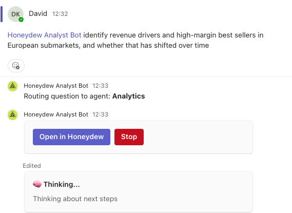 Microsoft Teams thread where a business user asks the Honeydew Analyst Bot a revenue question and it routes the question to the Analytics agent