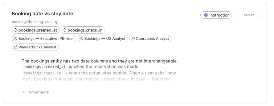 An instruction context item explaining booking date vs stay date, tagged with the fields and agents it applies to
