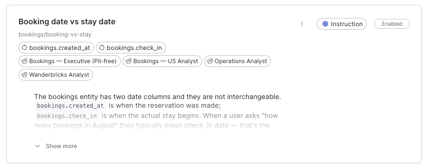 An instruction context item explaining booking date vs stay date, tagged with the fields and agents it applies to