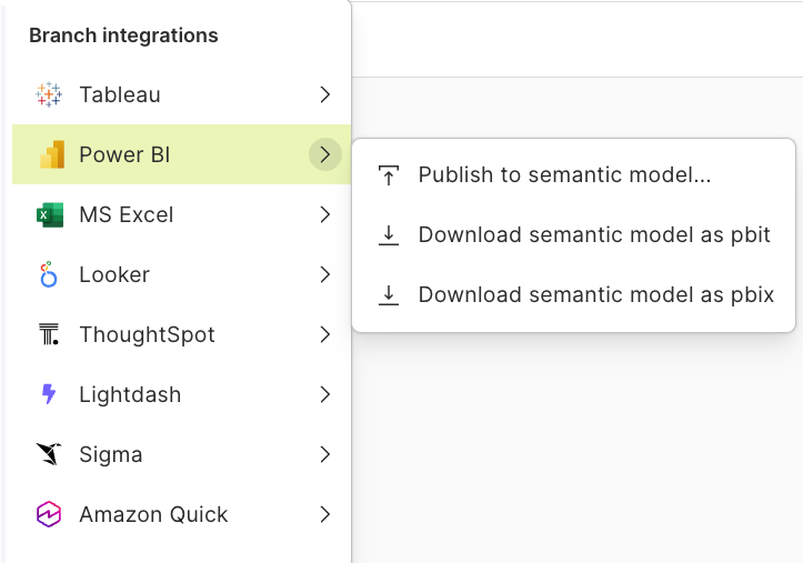 Branch integrations menu in Honeydew listing Tableau, Power BI, Excel, Looker, ThoughtSpot, Lightdash, Sigma and Amazon QuickSight, with the Power BI publish and download options open