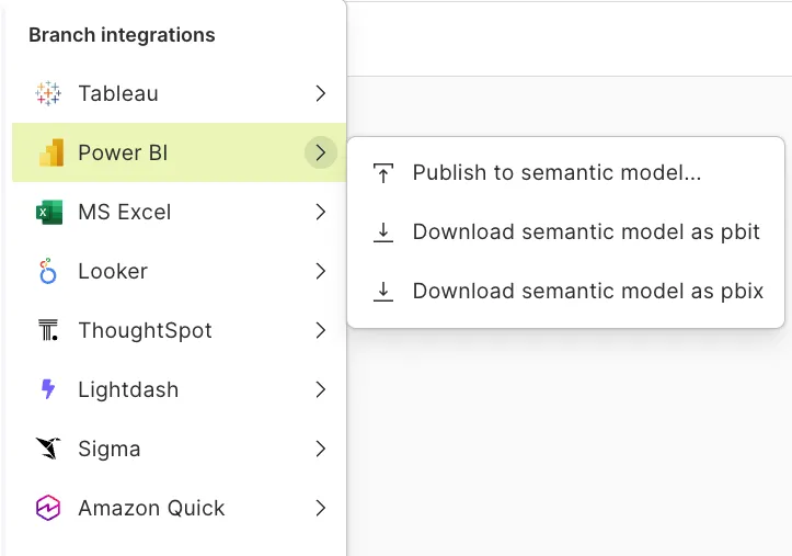 Branch integrations menu in Honeydew listing Tableau, Power BI, Excel, Looker, ThoughtSpot, Lightdash, Sigma and Amazon QuickSight, with the Power BI publish and download options open