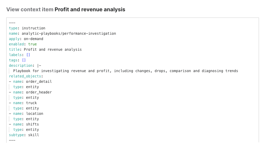 YAML frontmatter of an analysis playbook context item listing the semantic model entities it relates to