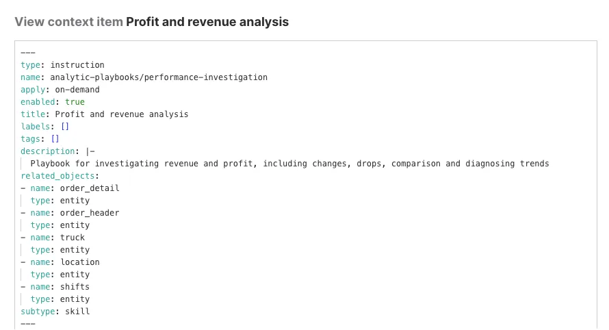 YAML frontmatter of an analysis playbook context item listing the semantic model entities it relates to