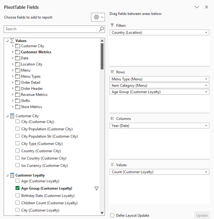 Excel PivotTable Fields pane listing a Honeydew domain - metric folders and entities as dimensions, with attributes dragged into Filters, Rows, Columns and Values
