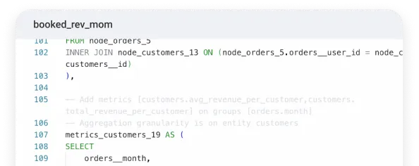 Screenshot of SQL generated by the Honeydew semantic compiler, composing a revenue metric across orders and customers